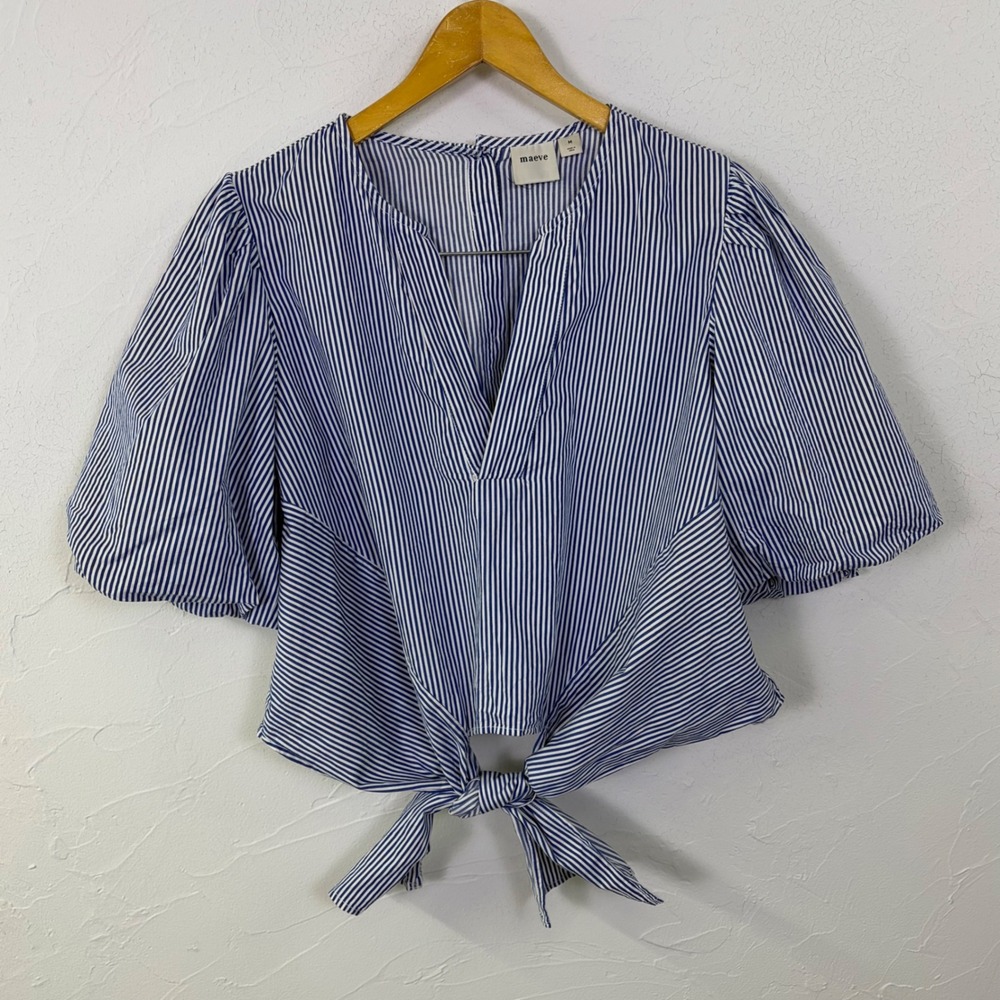 Maeve Anthropologie Top Women Medium Blue Striped Puff Sleeve Tie Front Preppy